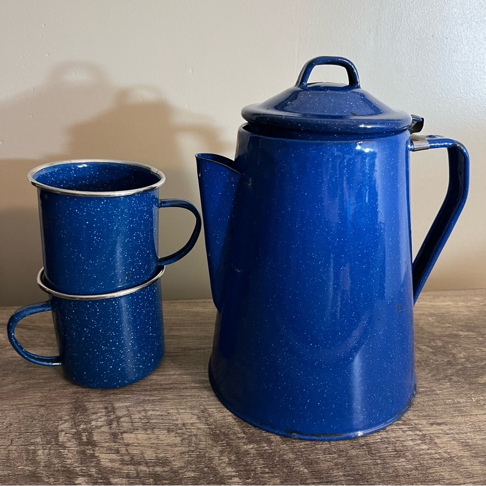 Vintage Blue and White Speckled Enamel Coffee Pot and 2 Cups Camping Decor